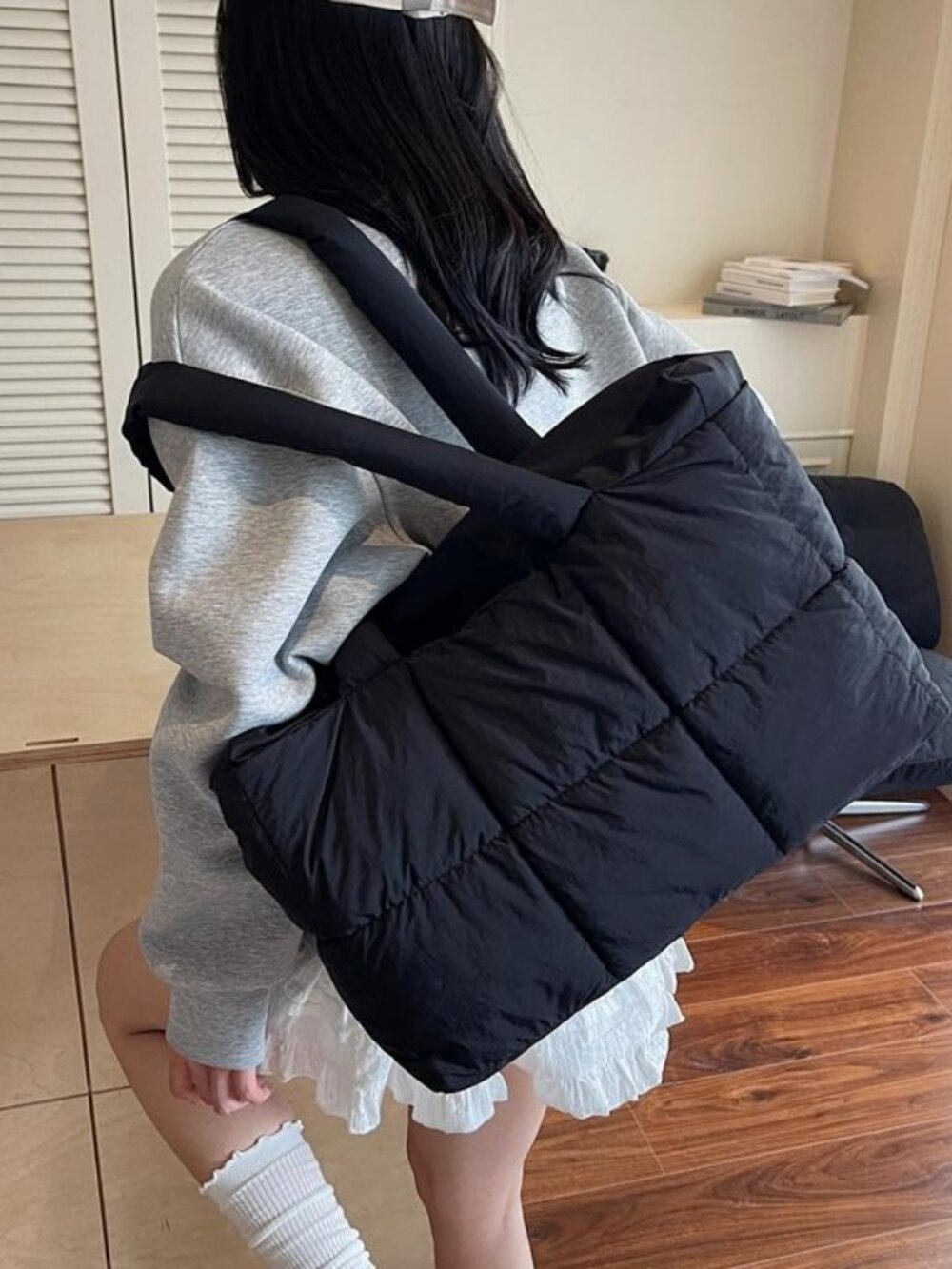 Lazy‑Style Down‑Cotton Tote Bag, Minimalist Grid Padded Shoulder Bag, Soft Cloud